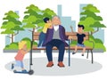 Grandfather playing with grandchildren in the park. In minimalist style Cartoon flat raster