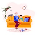 Grandfather is reading book grandson. Grandpa with grandkid is sitting on cozy sofa and read story. Happy Boy listens