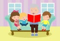 Grandfather reading fairy tales to his grandchildren, reading and telling book fairy tale story