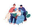 Grandfather and relatives reading book sitting on armchair vector flat illustration. Big happy family spending time Royalty Free Stock Photo