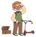 a grandfather is repairing his grandson\'s small bicycle