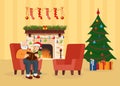 Grandfather, grandson in room decorated for Christmas and New Year vector illustration.