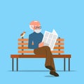 Grandfather sitting on a bench reading newspaper or news. Cartoon character isolated