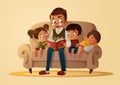 Grandfather sitting with grandchildren on a cozy sofa with the book, reading and telling book fairy tale story. Boys and girl list Royalty Free Stock Photo