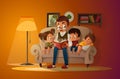 Grandfather sitting with grandchildren on a cozy sofa with the book, reading and telling book fairy tale story. Boys and