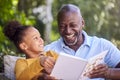 Grandfather Sitting Outdoors With Granddaughter At Home Reading Book Together