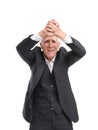 Grandfather very happy and raised his hands over his head against a white isolated background Royalty Free Stock Photo