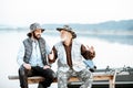 Grandfather with son fishing on the lake Royalty Free Stock Photo