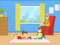 Grandfather Spending Time with Grandchildren at Home, Cute Boy and Girl Playing Toys, Grandparent Sitting on Armchair