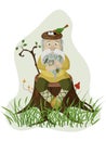 Grandfather - the spirit of the forest sits on a tree stump, in his hands a phone, a bird's nest on his head