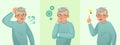 Grandfather thinking. Elderly man solved question, thoughtful senior male and confused old people vector cartoon concept Royalty Free Stock Photo