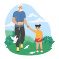 Grandfather walking with granddaughter feeding doves in park, vector illustration. Grandparent grandchild relationships.