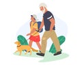 Grandfather walking with grandson and dog in the park, flat vector illustration. Grandparent grandchild relationships. Royalty Free Stock Photo