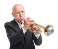 Grandfather wearing a suit on a trumpet on a white background Royalty Free Stock Photo