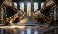 Grandiose double staircase in a luxurious palace with sunlight streaming through large windows Royalty Free Stock Photo