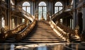Grandiose double staircase in a luxurious palace with sunlight streaming through large windows Royalty Free Stock Photo