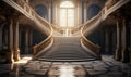 Grandiose double staircase in a luxurious palace with sunlight streaming through large windows Royalty Free Stock Photo