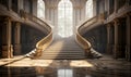 Grandiose double staircase in a luxurious palace with sunlight streaming through large windows