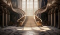 Grandiose double staircase in a luxurious palace with sunlight streaming through large windows Royalty Free Stock Photo