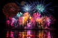 Grandiose fireworks, water in the foreground.