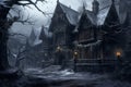 Grandiose Gothic vintage house. Winter old night