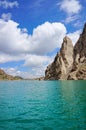 Grandiose rocks and Kelsu mountain lake against