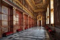 a grandiose wall of red marble, with gold accents and paintings on it