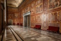 a grandiose wall of red marble, with gold accents and paintings on it