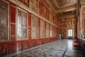 a grandiose wall of red marble, with gold accents and paintings on it