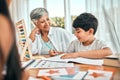 Grandma, child learning selfie and home studying in a family house with education and knowledge. Senior woman, boy and Royalty Free Stock Photo