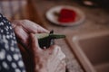 Grandma cutting healthy vegetables in kitchen