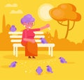 Grandma feeds pigeons in park Vector. Cartoon. Isolated Royalty Free Stock Photo