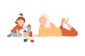 Grandma and granddaughter playing toy blocks together. People spending time together and gaming cartoon vector Royalty Free Stock Photo