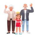 Grandma and grandpa are standing together with their granddaughter and waving. Friendly strong happy family. Beautiful and smiling