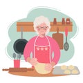Grandma is in the kitchen rolling out the dough for buns. Illustration of an elderly woman preparing a meal.