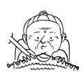 Grandma knitting in car. Vector isolated outline hand drawn illustration of old lady