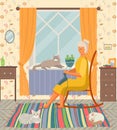 Grandma knitting in her rocking-chair, sitting at home with her cats in cozy room interior