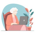 Grandma looking film on laptop, sitting in chair near plant Royalty Free Stock Photo