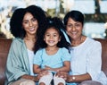 Grandma, mother and daughter on couch, portrait and smile with care, love and bonding in family house. Mom, grandmother