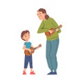Grandma Playing Ukulele with Her Grandson, Grandparent Spending Good Time with Grandchild Cartoon Style Vector