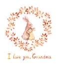 Grandma rabbit hugging her grand kid. Grandparents day greeting card. Watercolor