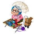 Grandma selling knitted socks. Vector character