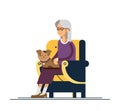 Grandma sitting in cozy chair and keep the puppy on one`s knees. Vector illustration of a flat design