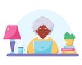 Grandma sitting with laptop. Old black woman using computer. Modern technology and old people. Vector illustration Royalty Free Stock Photo