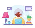 Grandma sitting with laptop. Old black woman using computer. Modern technology and old people. Vector illustration Royalty Free Stock Photo