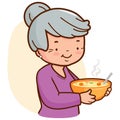 Grandma holding a bowl of hot chicken soup. Cute old lady serving hot meal. Vector illustration Royalty Free Stock Photo