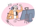 Grandma streamer. Elderly woman hosts live-streaming video event. Older generation using modern tech. Angry grandmother