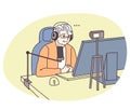 Grandma streamer. Elderly woman hosts live-streaming video event. Older generation using modern tech. Serious and