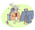 Grandma streamer. Elderly woman hosts live-streaming video event. Older generation using modern tech. Surprised Royalty Free Stock Photo