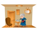 Grandma takes a pills. Old woman eating pill for health, stand inside room, beside of table with bottles of pills